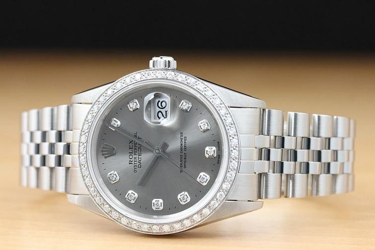 AUTHENTIC MENS ROLEX DATEJUST GRAY DIAMOND 18K WHITE GOLD STAINLESS STEEL WATCH - 3