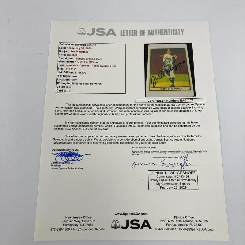 1941 Play Ball Joe Dimaggio Signed Porcelain Baseball Card JSA COA Auto - 3