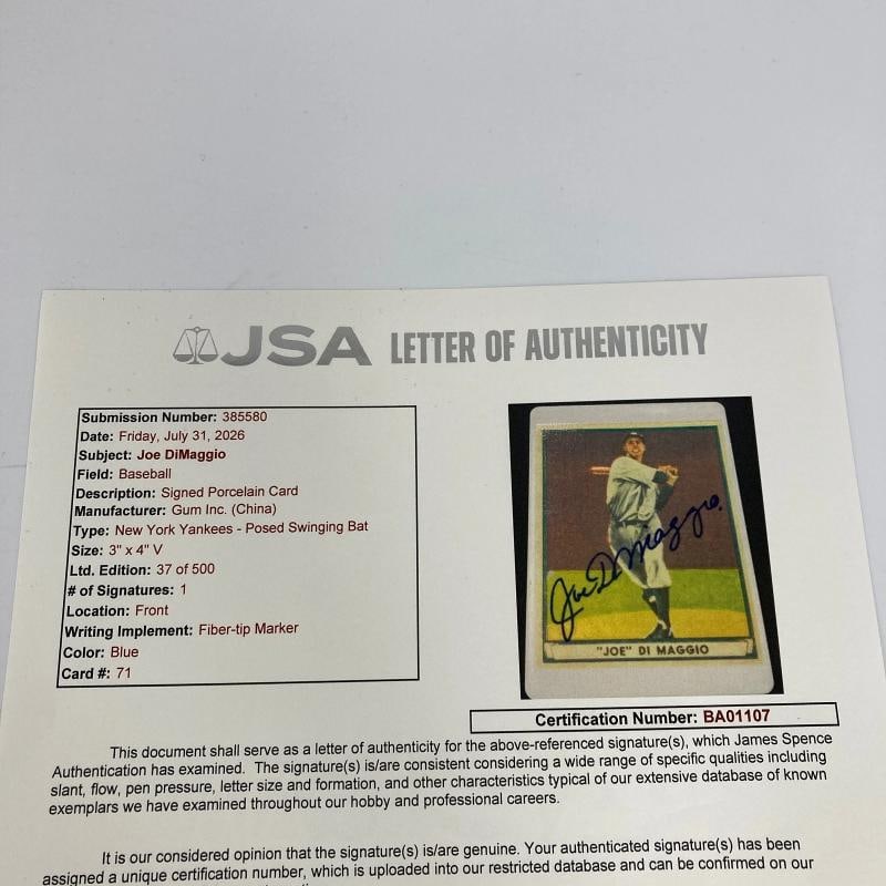 1941 Play Ball Joe Dimaggio Signed Porcelain Baseball Card JSA COA Auto - 4