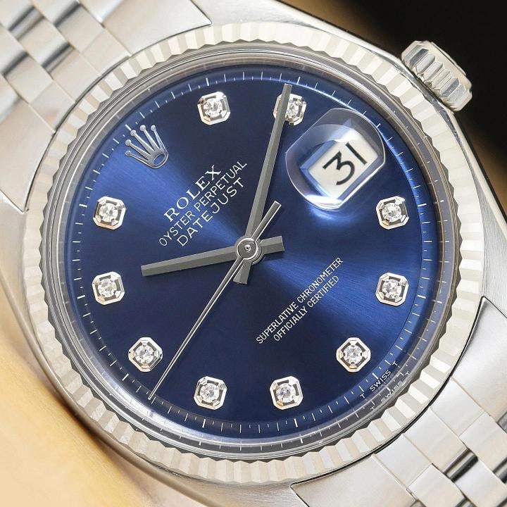 ROLEX MENS DATEJUST BLUE DIAMOND DIAL 18K WHITE GOLD STEEL WATCH w/ FOLDED BAND: Condition: Pre-owned - Excellent,Bezel Color: Silver,Max Wrist Size: 7.26-7.5 in,Number of Jewels: 26 Jewels,Indices: Diamond Markers, 12-Hour Dial,Bezel: Rolex 18K White Gold Fluted Bezel,Band/Strap: