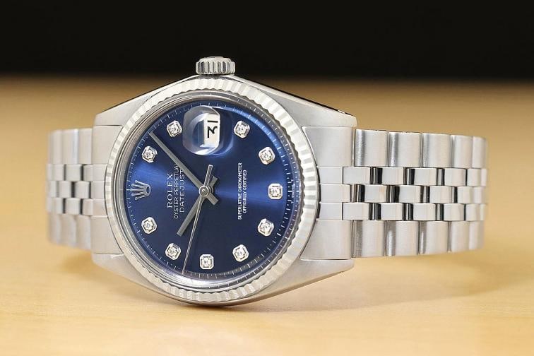 ROLEX MENS DATEJUST BLUE DIAMOND DIAL 18K WHITE GOLD STEEL WATCH w/ FOLDED BAND - 2