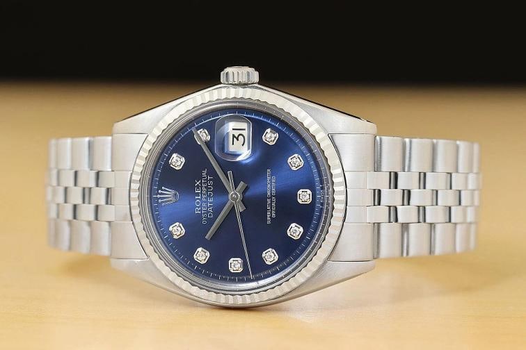 ROLEX MENS DATEJUST BLUE DIAMOND DIAL 18K WHITE GOLD STEEL WATCH w/ FOLDED BAND - 3