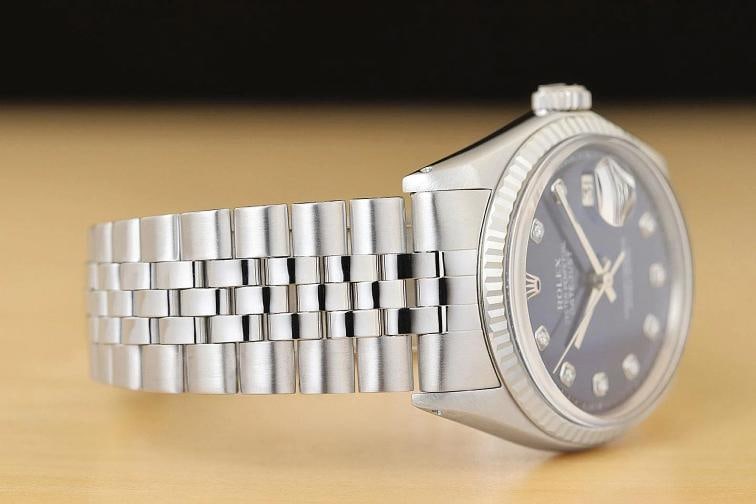 ROLEX MENS DATEJUST BLUE DIAMOND DIAL 18K WHITE GOLD STEEL WATCH w/ FOLDED BAND - 7