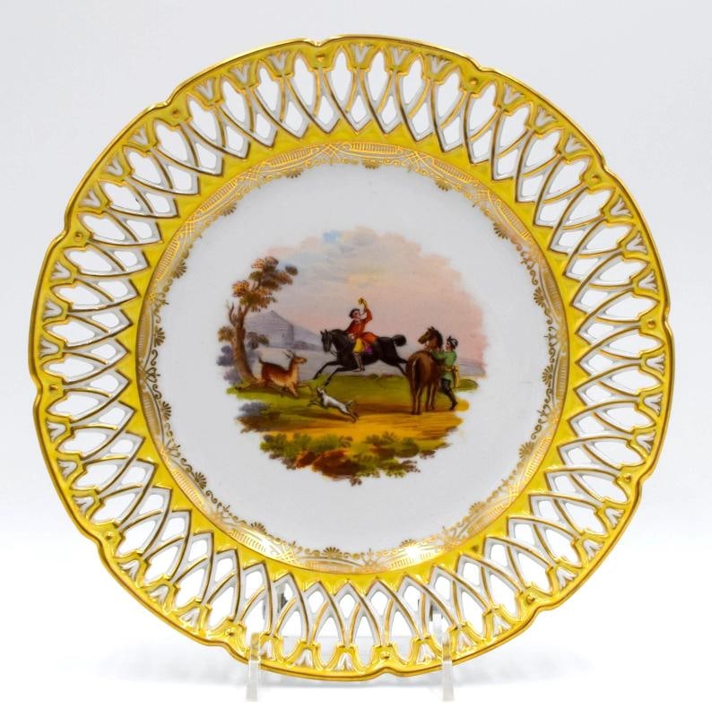 Set of 6 Dresden Yellow Hand Painted Pierced Cabinet Plates, Circa 1900 - 8