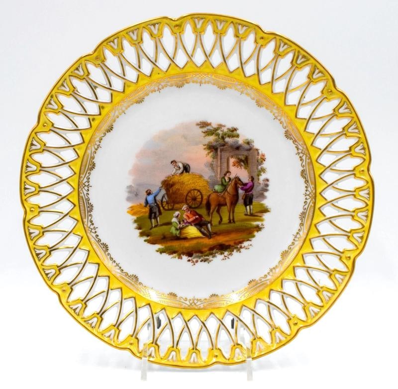 Set of 6 Dresden Yellow Hand Painted Pierced Cabinet Plates, Circa 1900 - 9