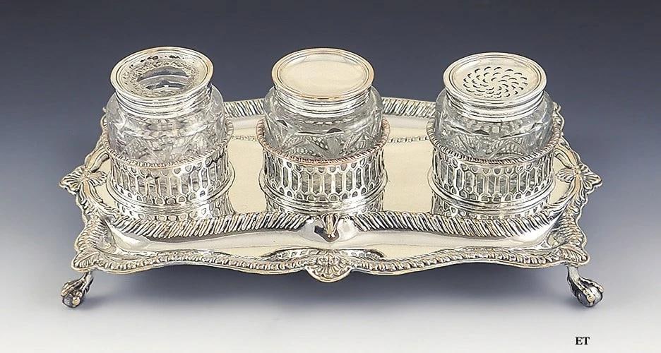 Late 1700s Fine Old Sheffield Silver Plate Desk Set Sander Inkwell Tray (1 of 6)