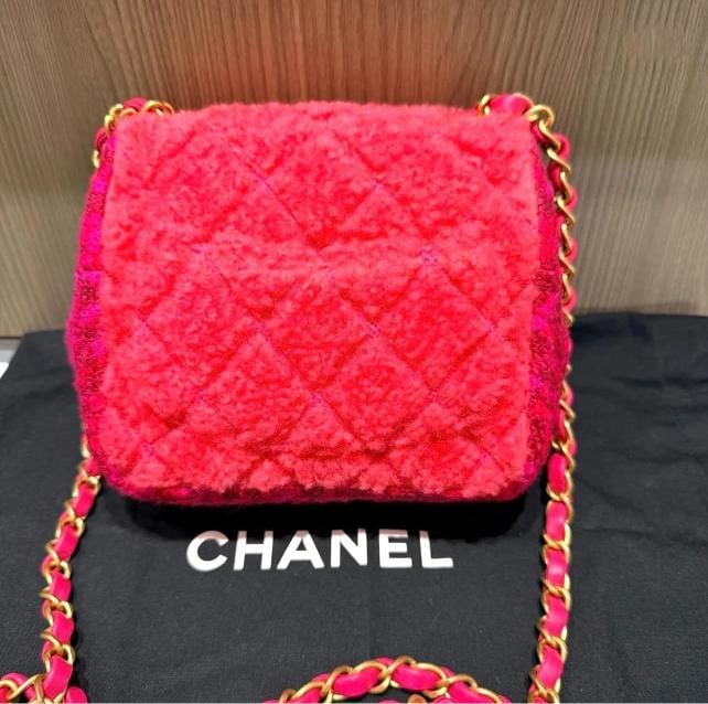 Chanel Shearling & Tweed Classic Square Mini Flap Bag in Fuchsia/Hot Pink - 6