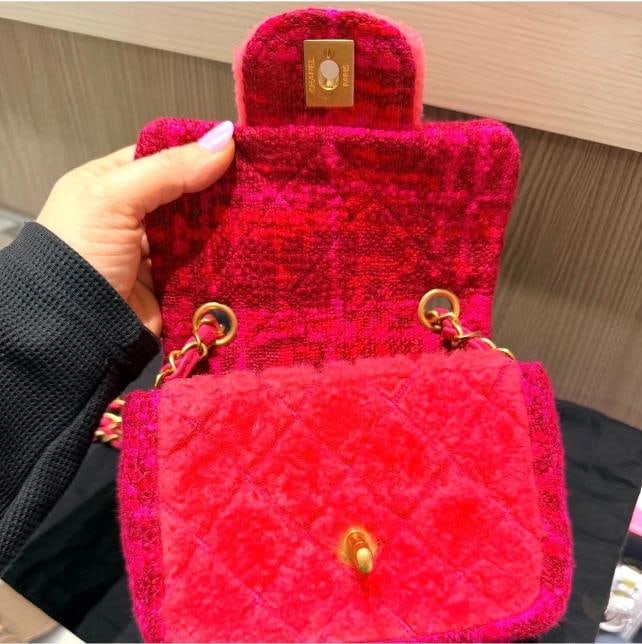 Chanel Shearling & Tweed Classic Square Mini Flap Bag in Fuchsia/Hot Pink - 7