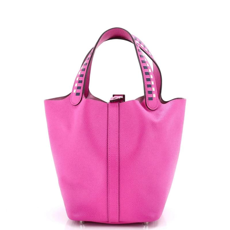 Hermes Picotin Lock Bag Tressage Epsom PM: Measurements: Handle Drop 5", Height 7", Width 7", Depth 5", Strap Drop None" . Condition: Pre-owned - Good,Brand: Hermes,Exterior Material: Leather,Style: Bucket,Exterior Color: Pink,Department: