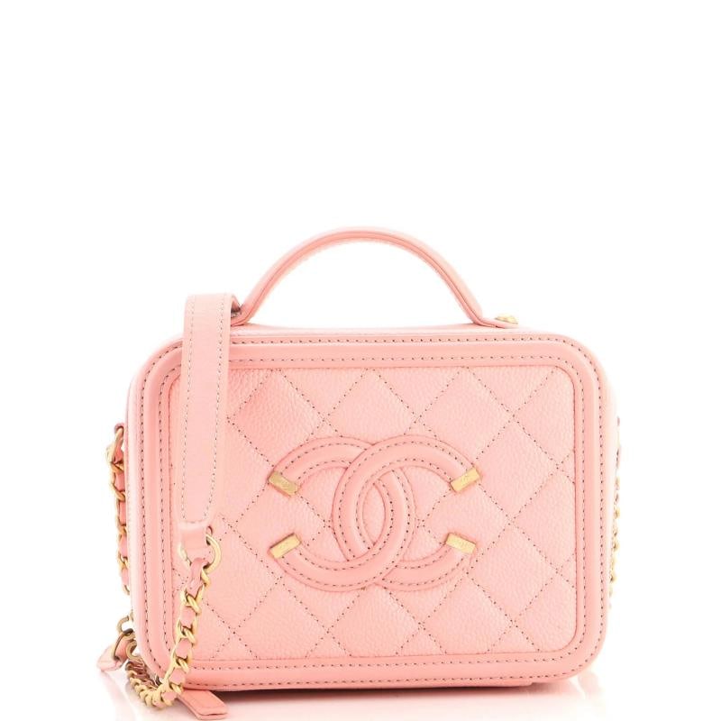 Chanel Filigree Vanity Case Quilted Caviar: Measurements: Handle Drop 1.5", Height 5", Width 6.5", Depth 3", Strap Drop 24" . Condition: Pre-owned - Good,Brand: Chanel,Exterior Material: Leather,Style: Top Handle,Exterior Color:
