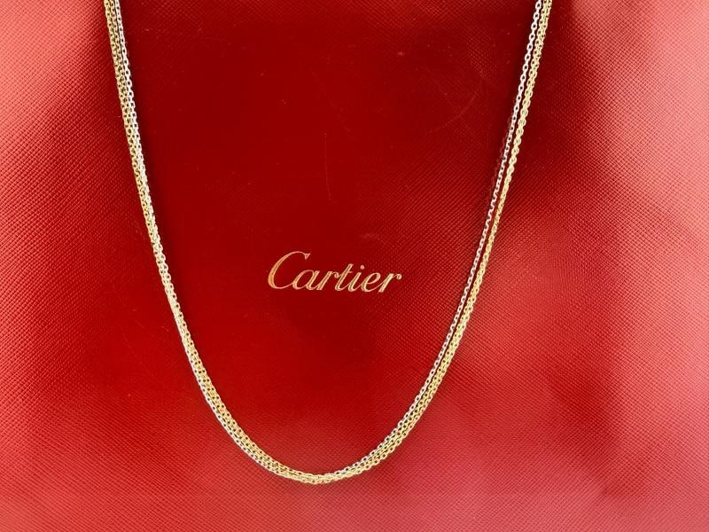 Cartier Trinity Tri-Color Gold Chain Necklace 18K 56cm Pouch: Metal: 18K Yellow Gold- 18K White Gold - 18K Rose Gold Size: Length: Approx. 56 cm (22 inches) Link Style: Fine multi-strand chain with interwoven tri-color design Width: Approx.
