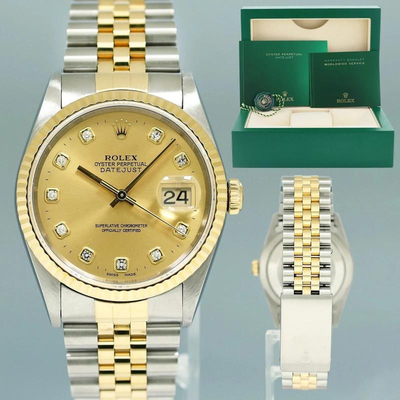 2002 Rolex DateJust 16233 Champagne Diamond 36mm Two Tone Yellow Gold Jubilee: Case & Dial Case Material: Rolex Two-Tone Yellow Gold & Stainless Steel Case Size: 36mm Bezel: Rolex Yellow Gold Fluted Crystal: Rolex Sapphire Dial: Rolex Champagne Diamond Movement & Bracelet Moveme