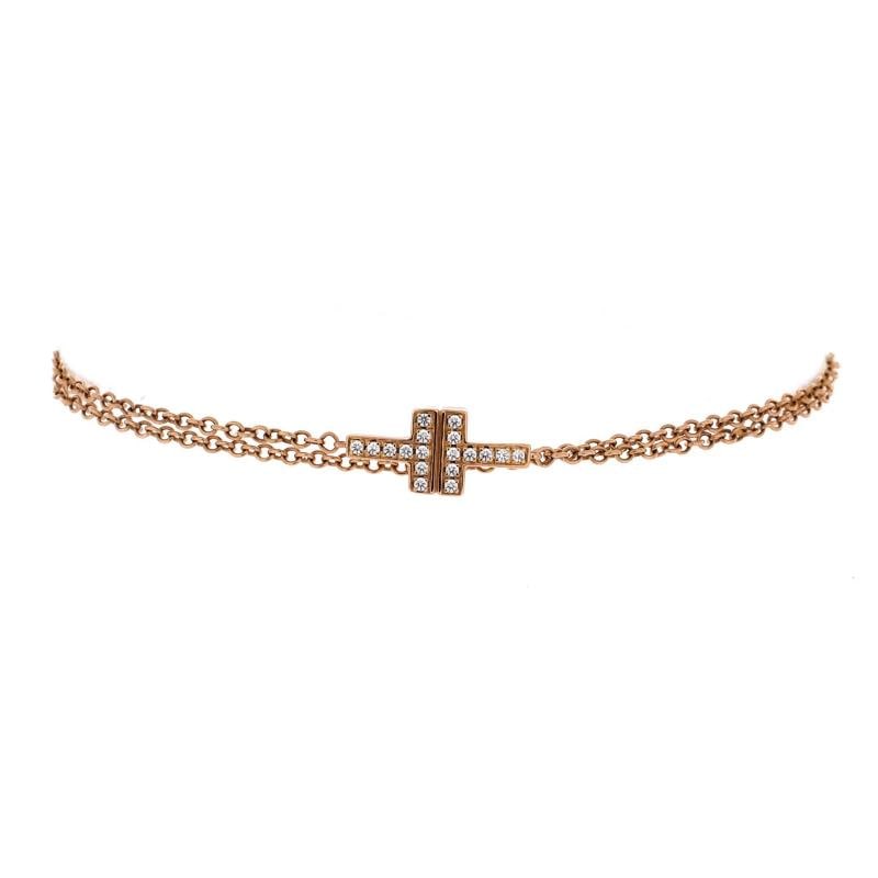 Tiffany & Co. T Double Chain Bracelet 18K Rose Gold and Diamonds Medium: Condition: Pre-owned - Good,Brand: Tiffany & Co.,Main Stone: Diamond,Metal: 18K Rose Gold,Metal Purity: 18K,Style: Chain,Type: Bracelet,Color: Rose Gold,Material: 18K Rose Gold, Diamond