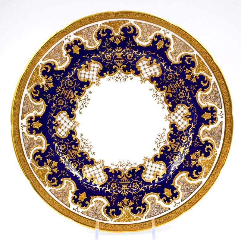 12 Antique Coalport England Raised Gold - Blue, White & Gold, Dinner Plates - 2