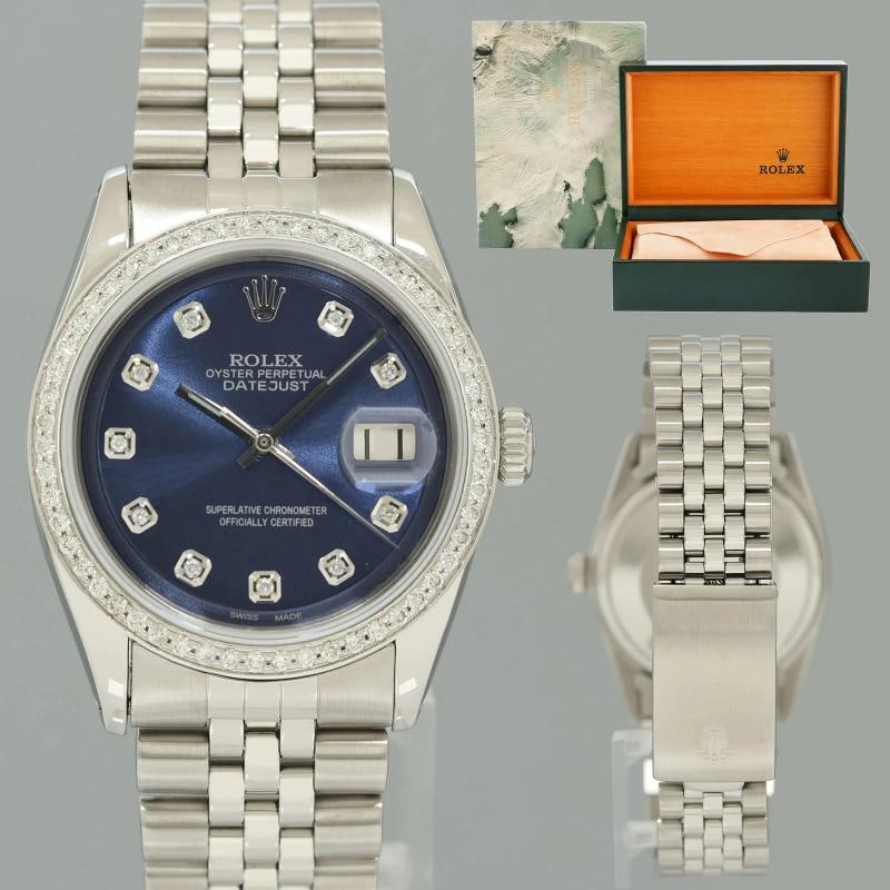 2026 SERVICE Rolex DateJust 1601 Blue Diamond Bezel Dial White Gold Jubilee 36mm (1 of 6)