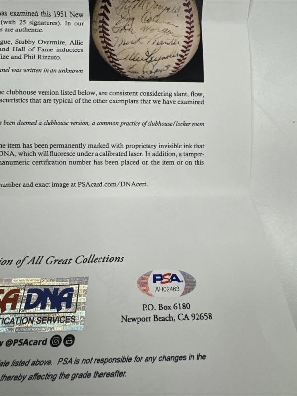 1951 Yankees World Series Champs Team Signed Baseball Mickey Mantle Rookie PSA - 11