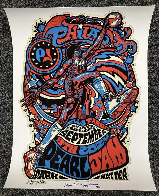 Julius Erving Signed Pearl Jam Poster Ames Philadelphia 9/9/24 Autograph BAS: Signed: Yes,Player: Philadelphia 76ers,Sport: Basketball,Original/Reprint: Original,Autograph Authentication: Beckett Authentication Services (BAS),Product: Poster,Team: Philadelphia 76ers,Country of 