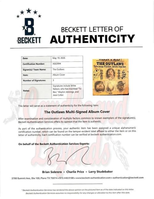 Willie Nelson, Waylon Jennings and Jessi Colter Signed THE OUTLAWS Album Cover (Beckett LOA) - 4