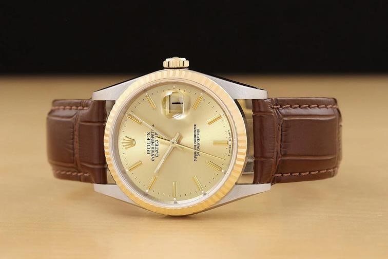 ROLEX MENS DATEJUST 16233 18K GOLD STEEL CHAMPAGNE WATCH w/ BROWN LEATHER BAND - 3