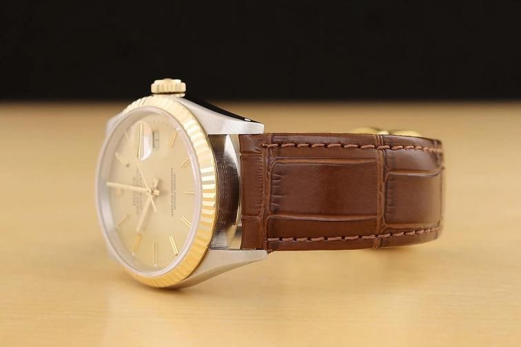 ROLEX MENS DATEJUST 16233 18K GOLD STEEL CHAMPAGNE WATCH w/ BROWN LEATHER BAND - 4