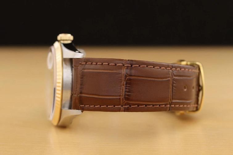 ROLEX MENS DATEJUST 16233 18K GOLD STEEL CHAMPAGNE WATCH w/ BROWN LEATHER BAND - 5