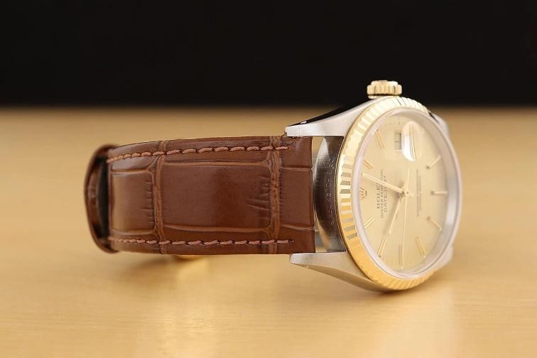 ROLEX MENS DATEJUST 16233 18K GOLD STEEL CHAMPAGNE WATCH w/ BROWN LEATHER BAND - 7