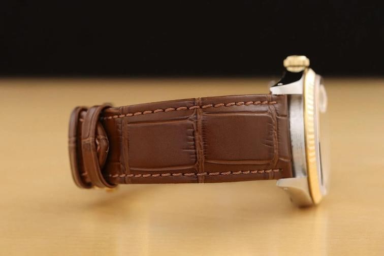ROLEX MENS DATEJUST 16233 18K GOLD STEEL CHAMPAGNE WATCH w/ BROWN LEATHER BAND - 8
