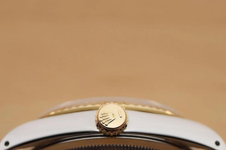 ROLEX MENS DATEJUST 16233 18K GOLD STEEL CHAMPAGNE WATCH w/ BROWN LEATHER BAND - 9