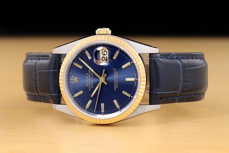 ROLEX MENS DATEJUST 16233 BLUE DIAL 18K GOLD STEEL BLUE LEATHER BAND WATCH - 3