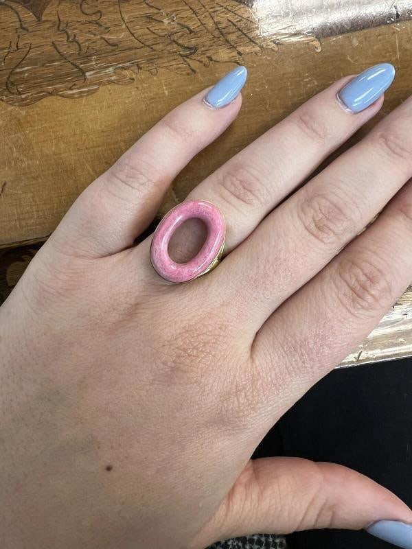 BVLGARI ITALY 18k Yellow Gold & Rhodochrosite Circle Ring Circa 1970s Vintage - 5