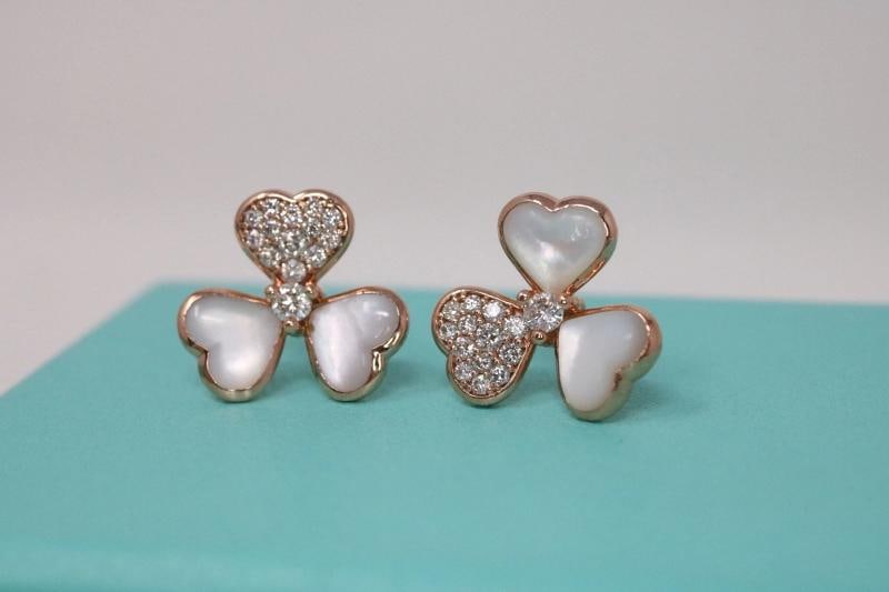 Flower Natural Diamond & Mother Of Pearl Earrings 14K Rose Gold Frivole Style - 6