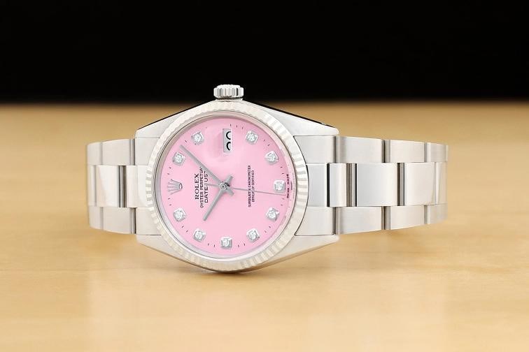 ROLEX MENS DATEJUST 16014 PINK DIAMOND DIAL 18K WHITE GOLD STEEL OYSTER WATCH - 2