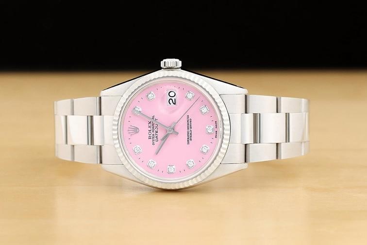 ROLEX MENS DATEJUST 16014 PINK DIAMOND DIAL 18K WHITE GOLD STEEL OYSTER WATCH - 3