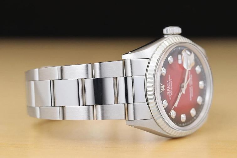 ROLEX MENS DATEJUST 18K WHITE GOLD STEEL RED VIGNETTE DIAMOND 1601 WATCH - 7