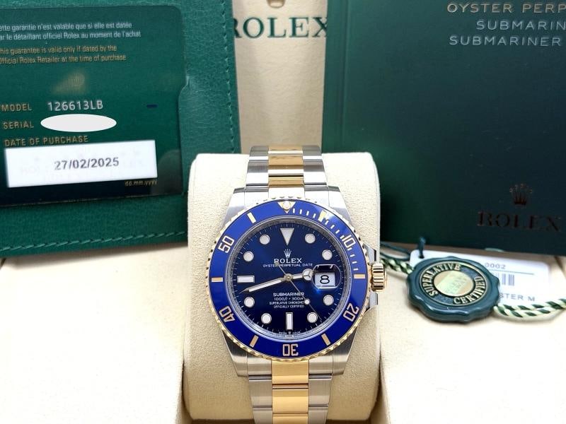 2025 Rolex Submariner Bluesy 126613LB 41mm 18k Yellow Gold Steel Box Paper: Condition: Pre-owned - Excellent,Bezel Color: Blue,Year Manufactured: 2025,Band/Strap: Rolex Oyster,Case Color: Silver,Department: Men,Watch Shape: Round,Style: Diver, Luxury, Sport,Case Size: 41 mm,F