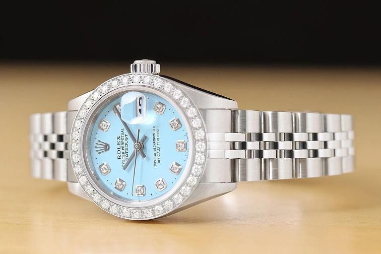 ROLEX LADIES DATEJUST 79174 NO HOLES AQUA BLUE DIAL 18K GOLD STEEL DIAMOND WATCH - 2