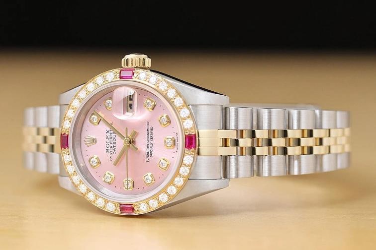 ROLEX LADIES DATEJUST 79173 PINK DIAL 18K GOLD STEEL TWO TONE DIAMOND RUBY WATCH - 2