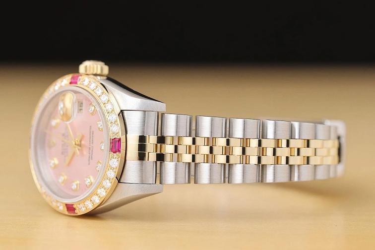 ROLEX LADIES DATEJUST 79173 PINK DIAL 18K GOLD STEEL TWO TONE DIAMOND RUBY WATCH - 4