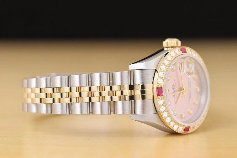 ROLEX LADIES DATEJUST 79173 PINK DIAL 18K GOLD STEEL TWO TONE DIAMOND RUBY WATCH - 7