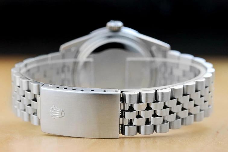 MENS ROLEX DATEJUST 18K WHITE GOLD RUBY DIAMOND BEZEL & STEEL RED VIGNETTE WATCH - 6