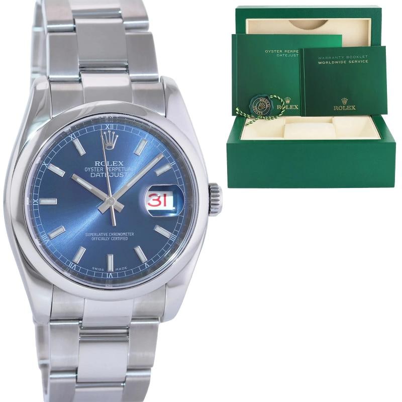 2016 MINT Rolex DateJust 36 116200 Blue Stick Oyster Steel 36mm Watch Box: Condition: Pre-owned - Excellent,Brand: Rolex,Department: Unisex Adults,Type: Wristwatch,Model: DateJust,Reference Number: 116200,With Original Box/Packaging: Yes,With Papers: No,Customized: No Countr