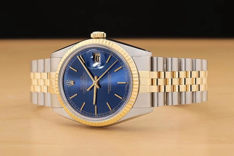 ROLEX MENS DATEJUST 16013 BLUE DIAL 18K YELLOW GOLD STAINLESS STEEL WATCH - 2