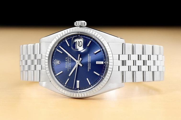 ROLEX DATEJUST 1601 BLUE DIAL 18K GOLD STAINLESS STEEL FOLDED BRACELET WATCH - 3