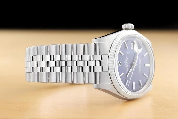 ROLEX DATEJUST 1601 BLUE DIAL 18K GOLD STAINLESS STEEL FOLDED BRACELET WATCH - 7