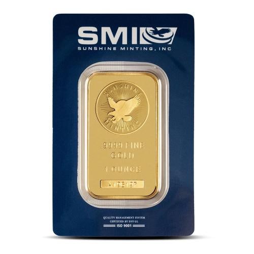 1 oz Sunshine Gold Bar (New w/ Assay, MintMark SI): Brand/Mint: United States,Certification: Assay Card,Precious Metal Content per Unit: 1.000000,Fineness: 0.9999,Composition: Gold,Shape: Bar,Country of Origin: United States