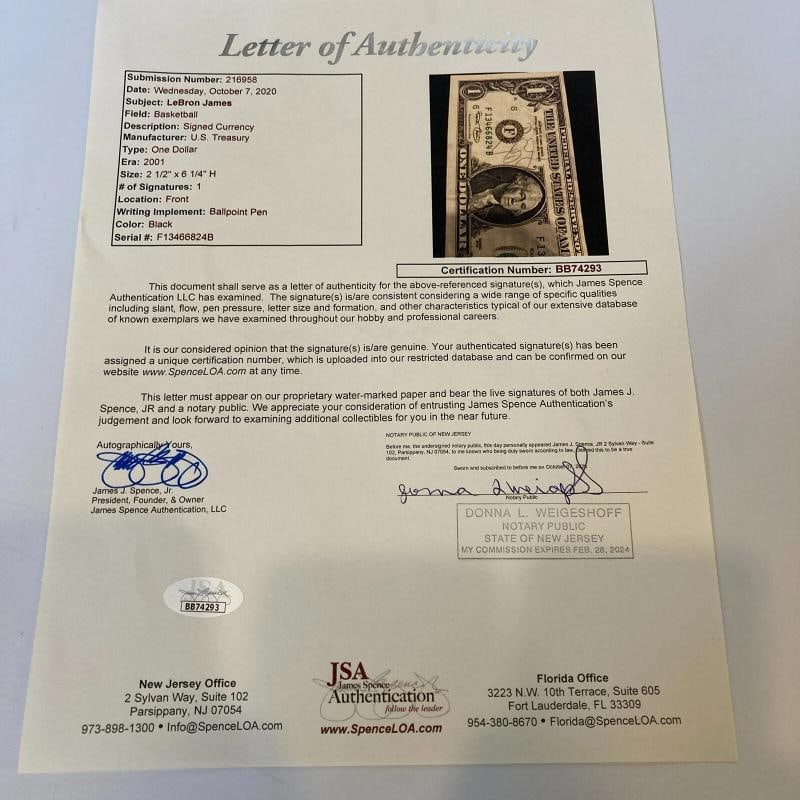 LeBron James Pre Rookie 2001 Signed $1 Dollar Bill JSA COA Auto - 5