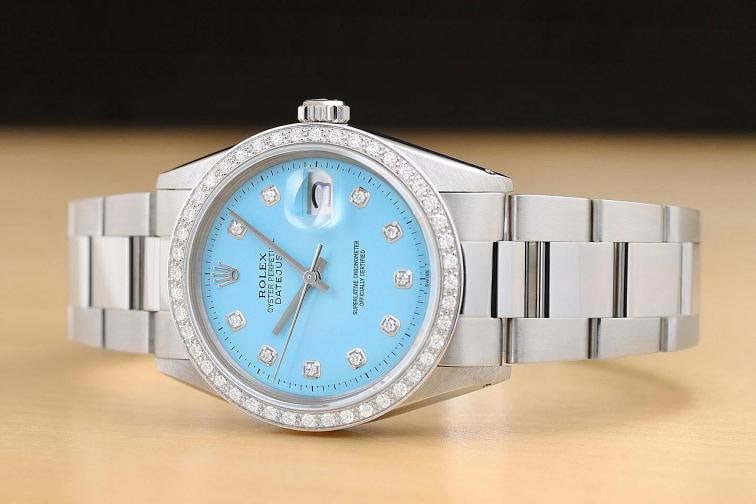 ROLEX MENS DATEJUST AQUA BLUE DIAL 18K GOLD STEEL DIAMOND WATCH w/ OYSTER BAND - 2