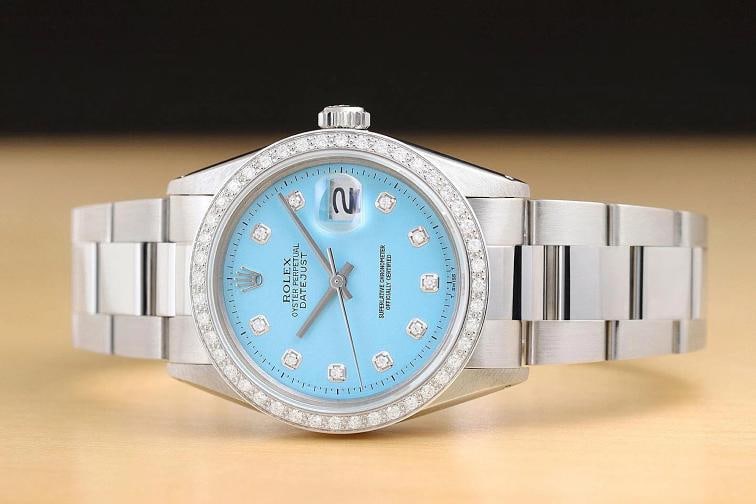 ROLEX MENS DATEJUST AQUA BLUE DIAL 18K GOLD STEEL DIAMOND WATCH w/ OYSTER BAND - 3