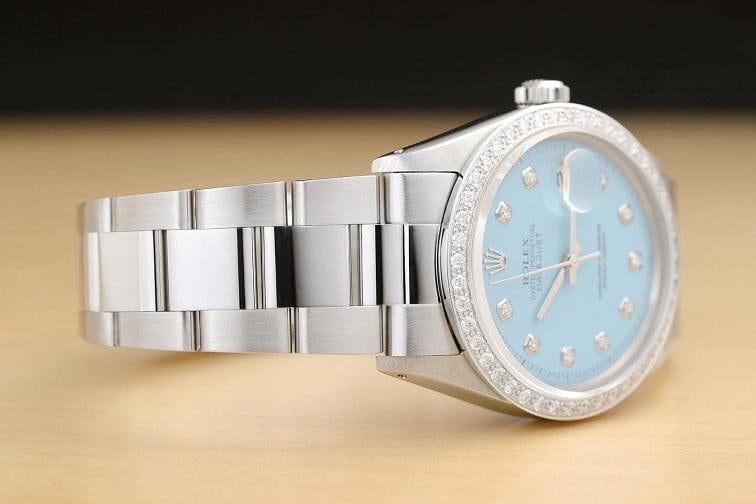 ROLEX MENS DATEJUST AQUA BLUE DIAL 18K GOLD STEEL DIAMOND WATCH w/ OYSTER BAND - 7