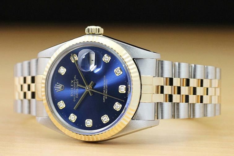 ROLEX MENS DATEJUST 16013 BLUE DIAMOND 18K YELLOW GOLD STAINLESS STEEL WATCH - 2